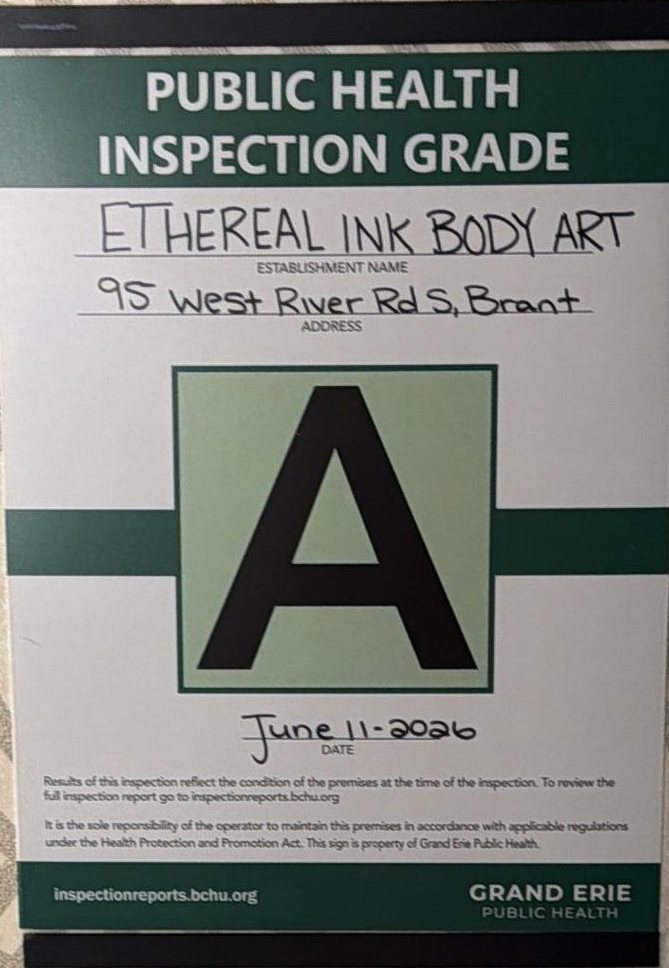 The Grand Erie Public Health inspection notice displayed at Ethereal Ink Body Art, showing grade A.