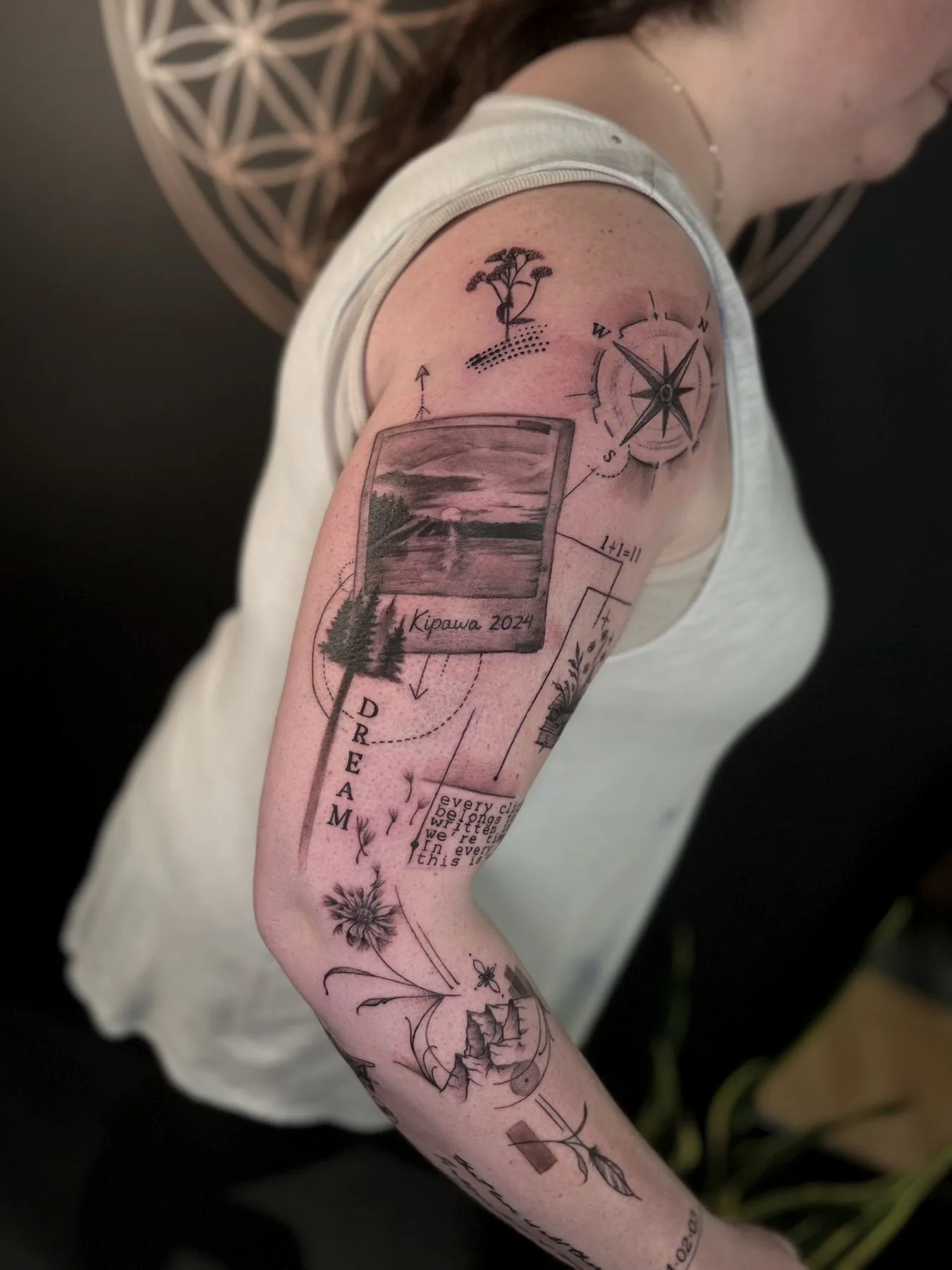 A travel sleeve in fine linework: a compass, postcards, stamps and a shoreline down an arm.