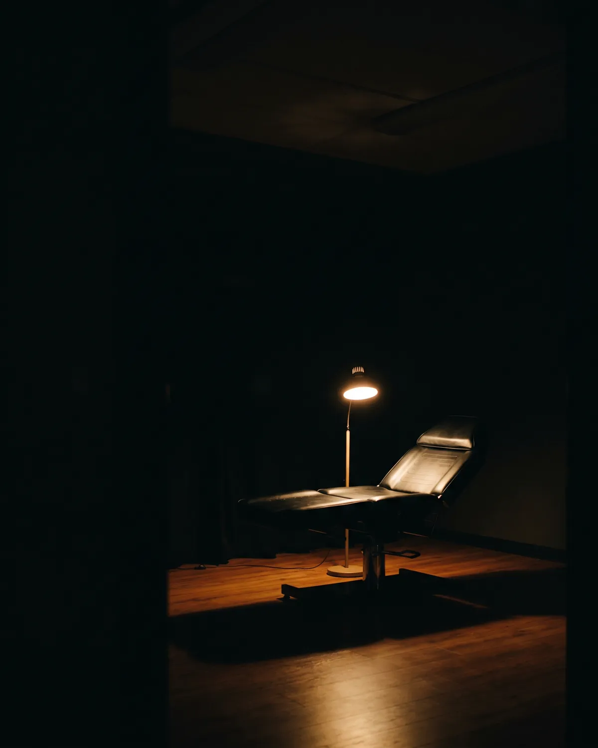 The same chair at night, alone in a pool of warm lamplight on a dark wood floor, the rest of the room in shadow.