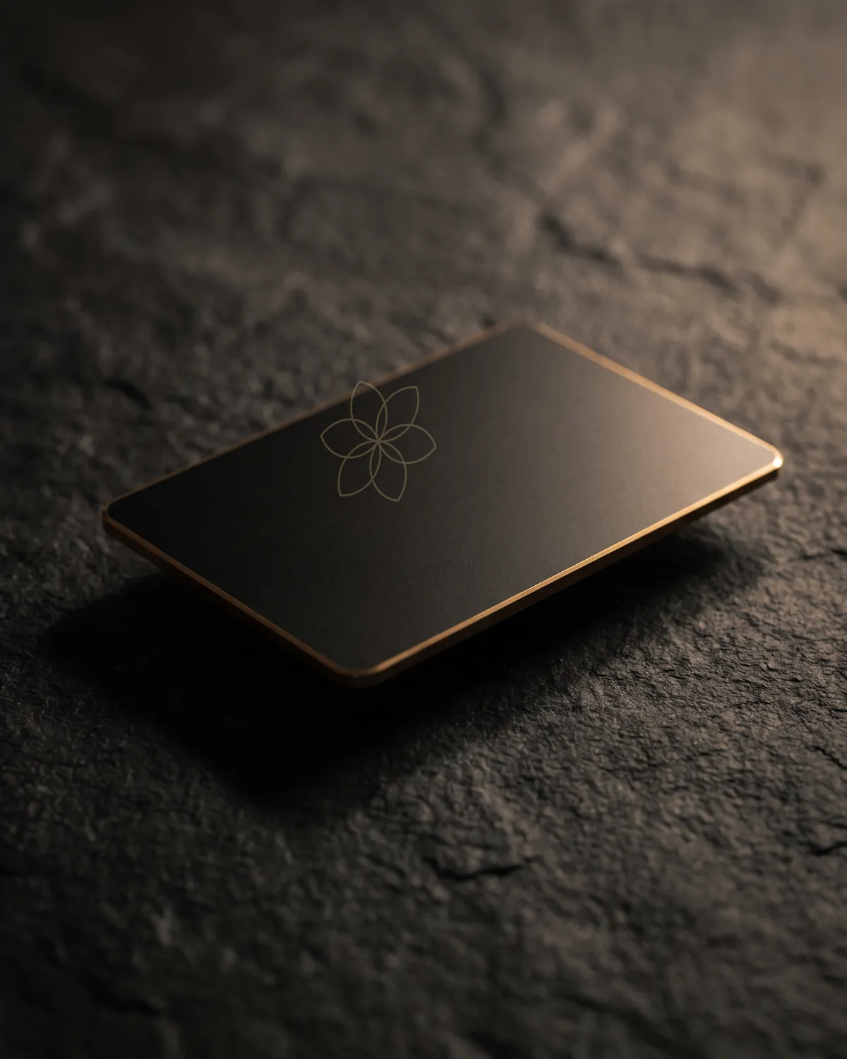 A matte black card with a gold bevelled edge on dark stone, the Ethereal Ink flower mark struck into its face.