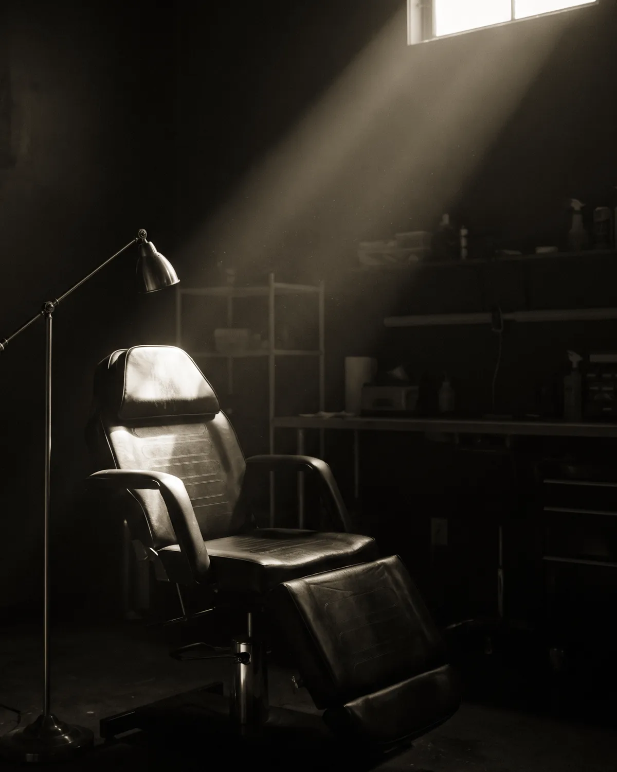 The studio's empty black leather chair in a dark room, lit by a single shaft of afternoon daylight from a high window.